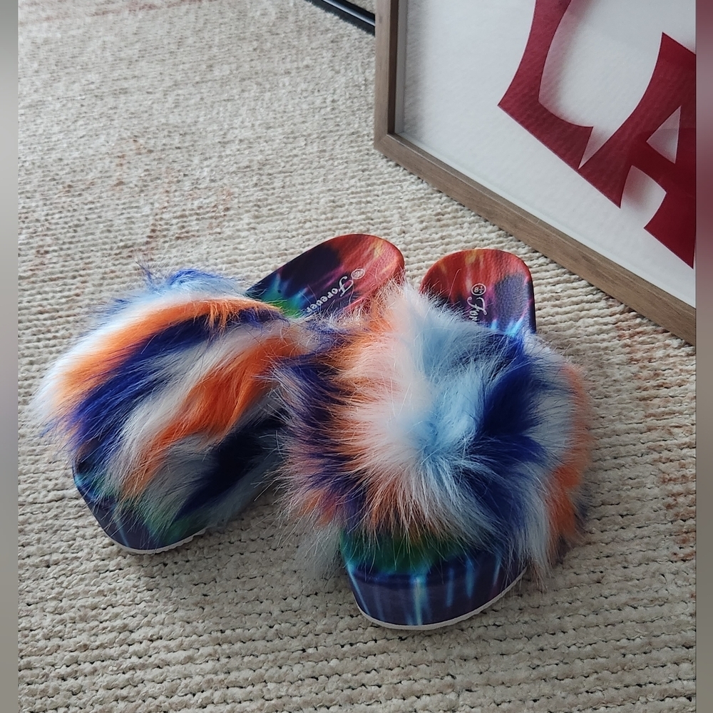 Faux Fur Tie Dye Platform Slides Blue Multi - Picture 6 of 12